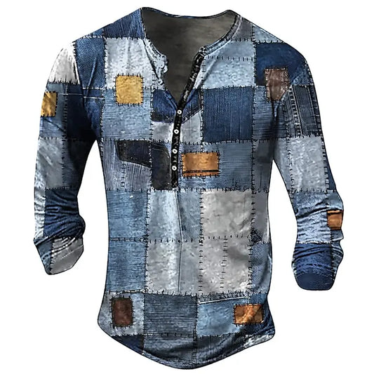 Vintage Men's T-shirt Graphic T Shirts Cotton Tees Geometic Line 3D Printed Long Sleeve Henley Shirt Oversized Men Clothing Tops