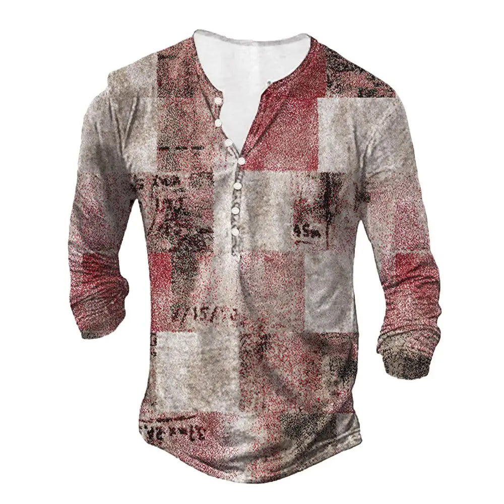 Vintage Men's T-shirt Graphic T Shirts Cotton Tees Geometic Line 3D Printed Long Sleeve Henley Shirt Oversized Men Clothing Tops