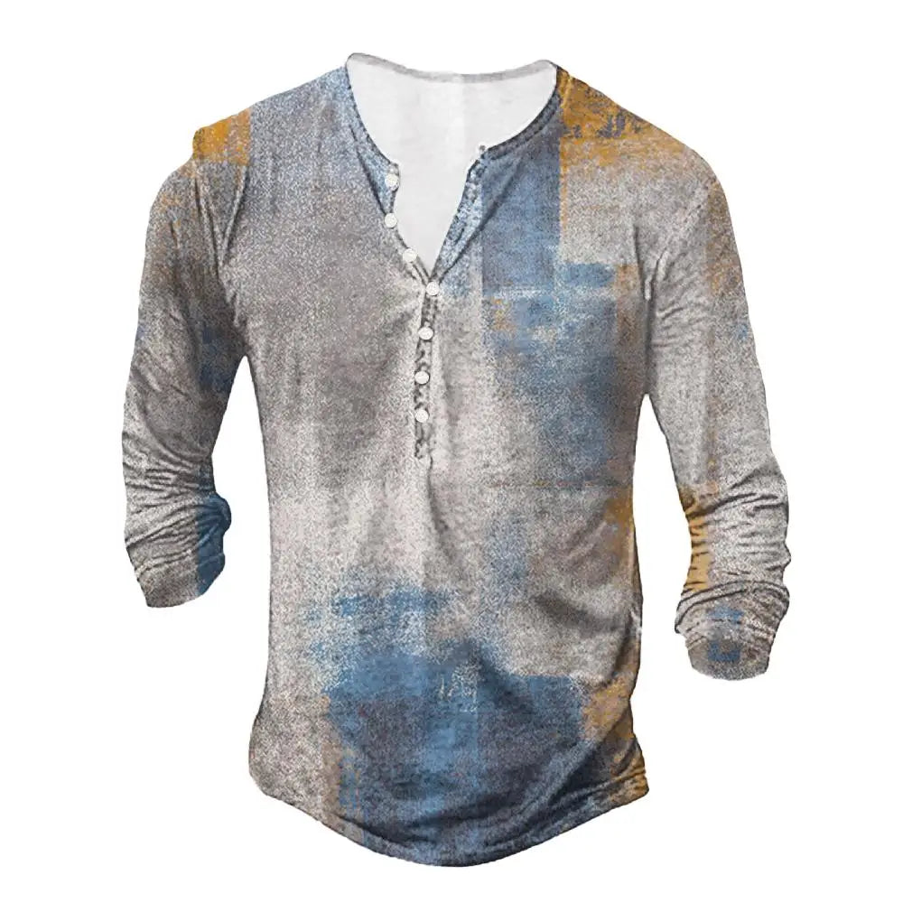 Vintage Men's T-shirt Graphic T Shirts Cotton Tees Geometic Line 3D Printed Long Sleeve Henley Shirt Oversized Men Clothing Tops