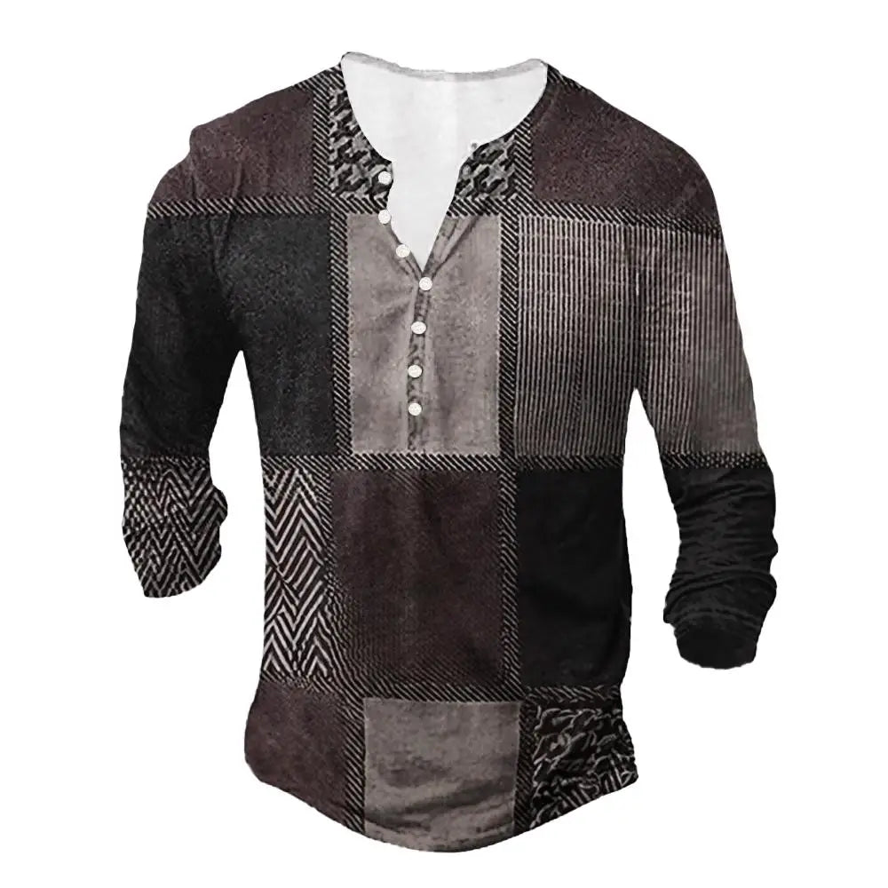 Vintage Men's T-shirt Graphic T Shirts Cotton Tees Geometic Line 3D Printed Long Sleeve Henley Shirt Oversized Men Clothing Tops