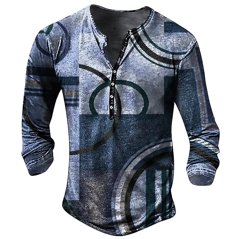 Vintage Men's T-shirt Graphic T Shirts Cotton Tees Geometic Line 3D Printed Long Sleeve Henley Shirt Oversized Men Clothing Tops